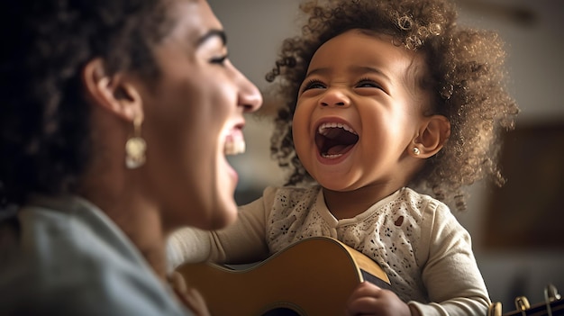 Madre y su hija pequeña cantando mientras tocan la guitarra Creada con tecnología de IA generativa