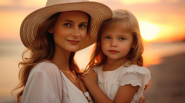 Una madre y su hija con ropa blanca de verano están en una hermosa playa disfrutando de los cálidos colores de la puesta de sol.