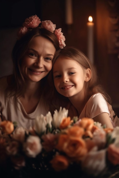 Una madre y su hija se sientan en una mesa con flores en el pelo.