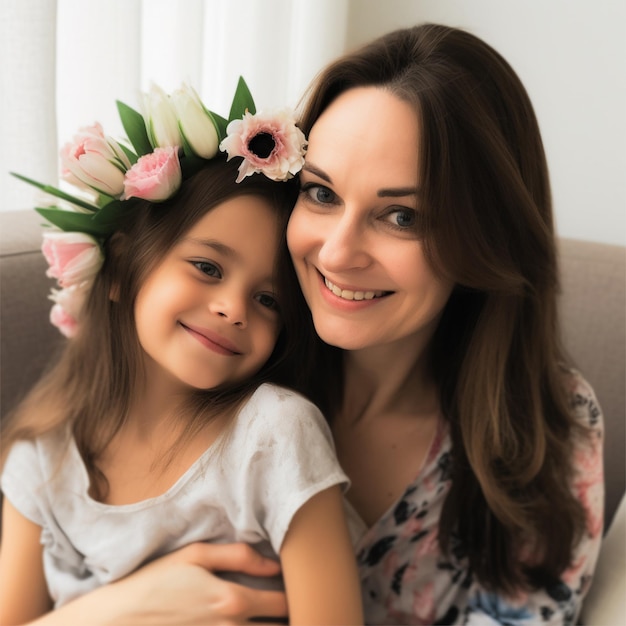 Foto una madre y su hija se sientan en un sofá con flores en la cabeza.