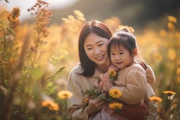 Una madre y su hija sostienen flores en un campo.