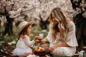 Foto una madre y su hija tienen un picnic en el bloque 2190.