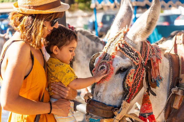 Una madre con su hijo acariciando los burros en el municipio de Mijas en Málaga Andalucía