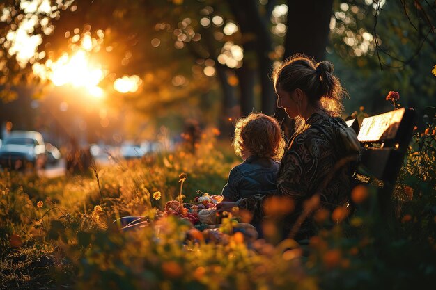 Una madre y su hijo disfrutando de la naturaleza en un banco del bosque