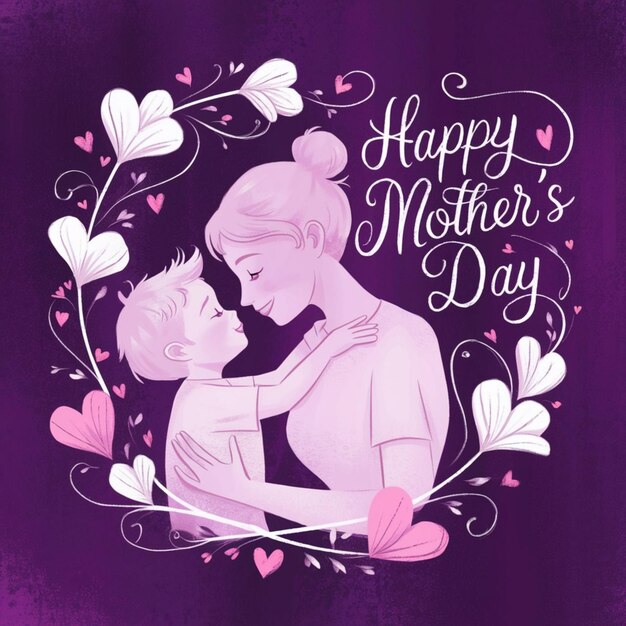 una madre y su hijo están sosteniendo sus manos y un fondo púrpura con corazones y flores
