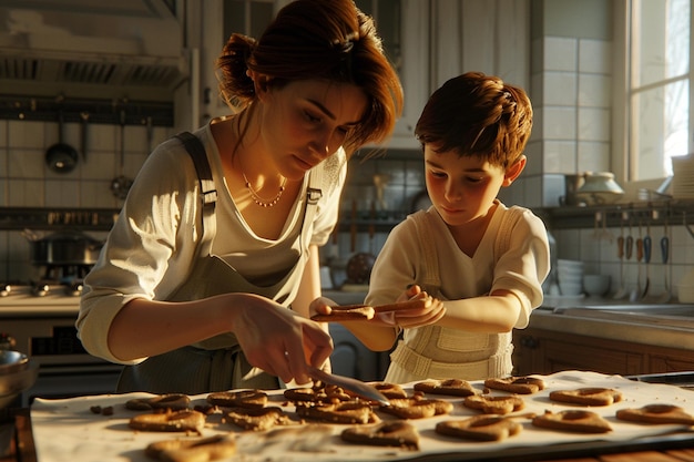 Una madre y su hijo horneando galletas en forma de corazón juntos