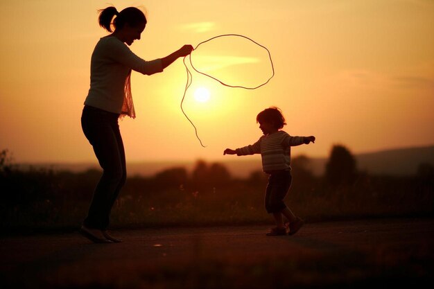 Una madre y su hijo jugando con una cuerda de salto.