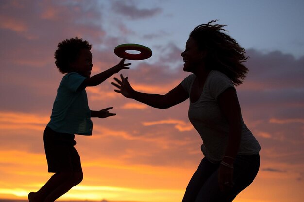 Una madre y su hijo jugando con un frisbee.