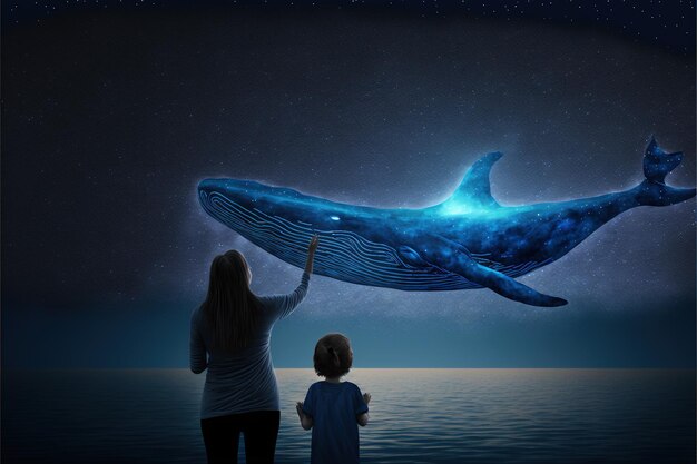 Madre con su hijo Madre e hija mirando a la ballena con luz azul volando en el cielo nocturno Pintura de ilustración de estilo de arte digital