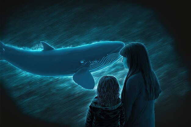 Madre con su hijo Madre e hija mirando a la ballena con luz azul volando en el cielo nocturno Pintura de ilustración de estilo de arte digital