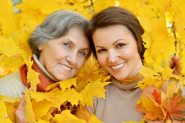 Madre y su linda hija en el parque otoño