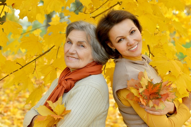 Madre y su linda hija en el parque otoño