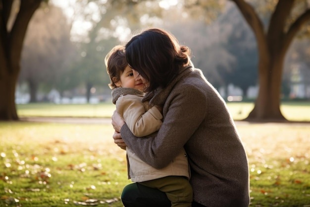 Una madre y su niño se abrazan en un parque creado con IA generativa