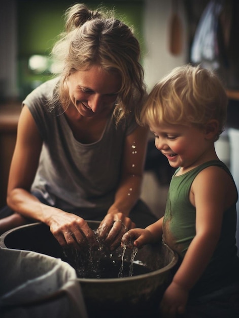 madre con sus hijos de años cocinando pastel de vacaciones en la cocina para el día de la madre estilo de vida casual