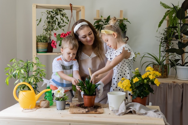 Madre con sus hijos en ayunas planta o trasplante de flores de interior Pequeño ayudante por tareas domésticas