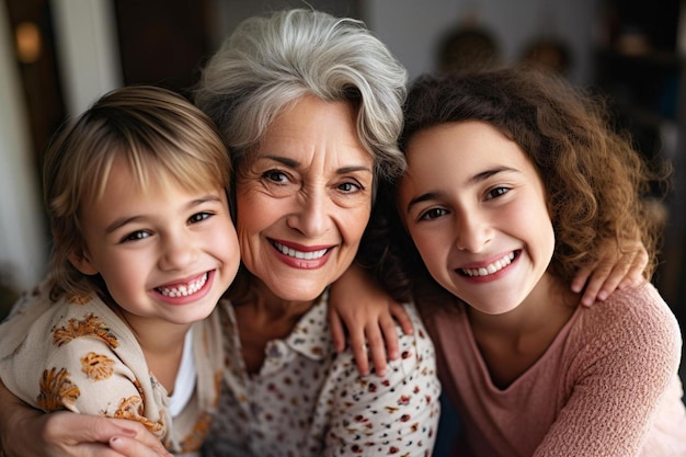 una madre y sus hijos posan para una foto con sus brazos alrededor de ella