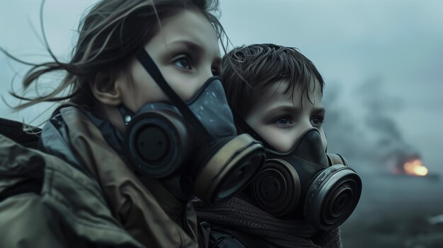 Foto una madre y sus hijos usan máscaras para protegerse de la contaminación del aire generative ai