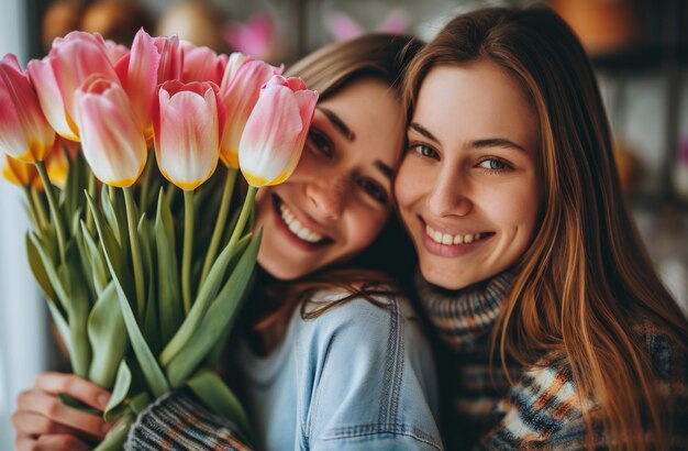 Madres amorosas con regalos con tulipanes y ramo.