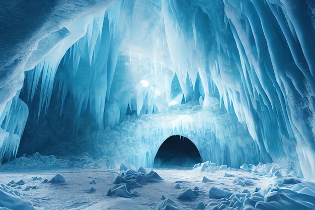 Madriguera en cueva de hielo en montaña nevada de invierno