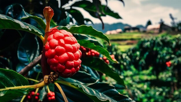 La maduración de las bayas de café en una granja de café