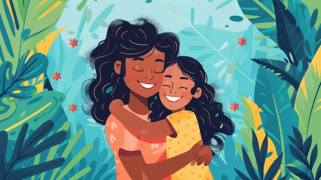 Mãe abraça filha em ilustração bonita Feliz Dia da Mãe