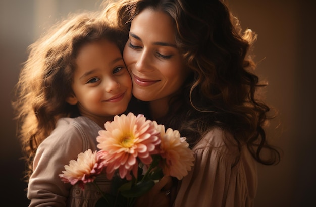 Foto mãe abraçando filha e segurando flores