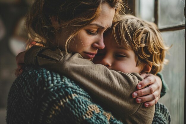 mãe abraçando seu filho com expressão triste