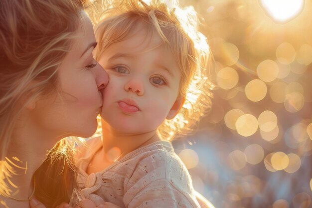 Mãe afetuosa beijando seu adorável bebê contra um fundo quente e ensolarado Amor familiar