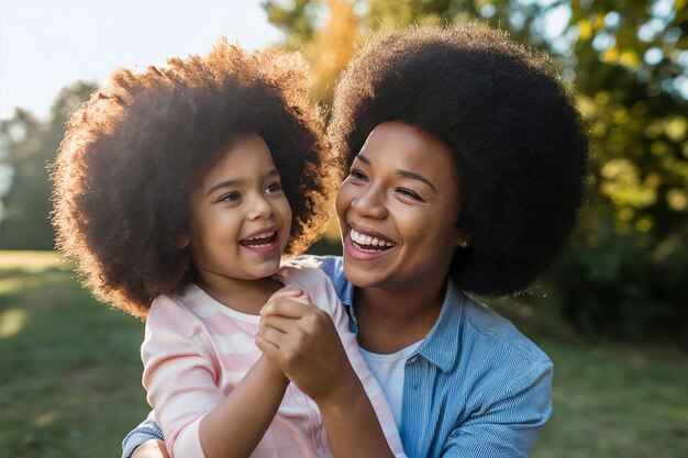 Mãe africana feliz brincando com sua filha ao ar livre em um dia ensolarado Afro mãe e criança se divertindo