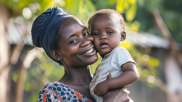 Mãe africana segurando seu bebê ao ar livre