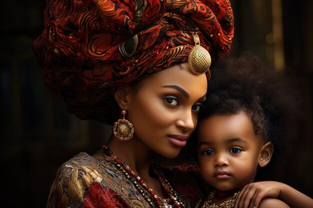 Mãe afro-americana com sua filha pequena em um turbante na cabeça Uma mãe afro-americana e filha AI gerada