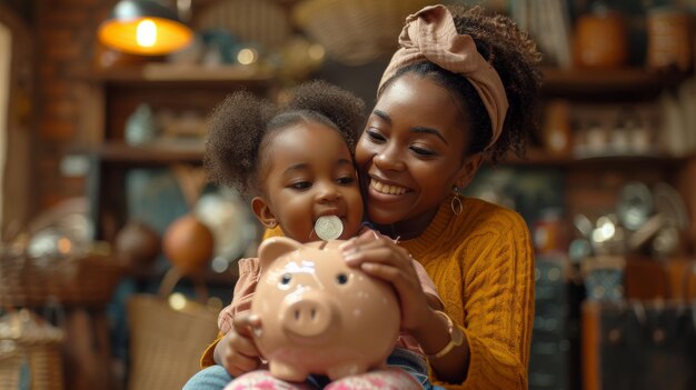 Mãe afro-americana sorridente ensinando sua filha a economizar dinheiro com a caixa do porco