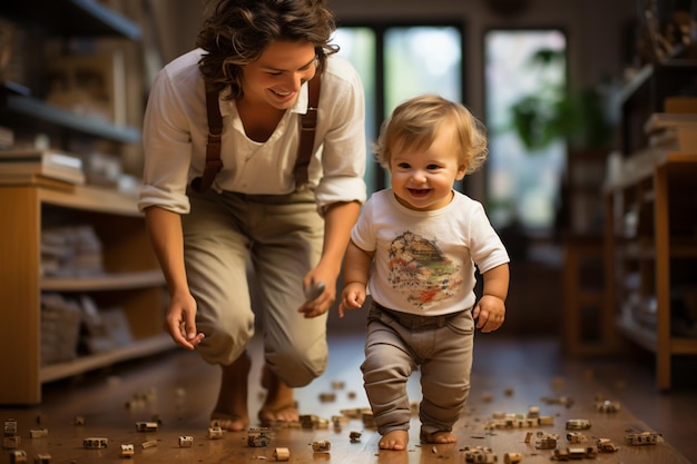 Mãe ajudando seu bebê a aprender a andar no fundo da sala de estar