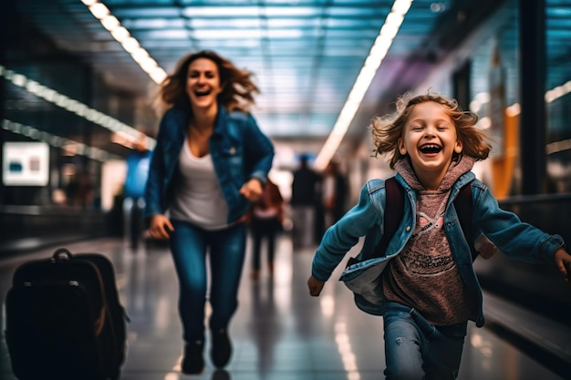 Foto mãe alegre com seu adorável filho correndo pelo terminal de trem