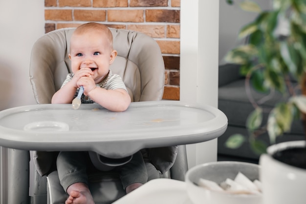 Mãe alimentando com vegetais ou frutas bebê puro na cadeira alta