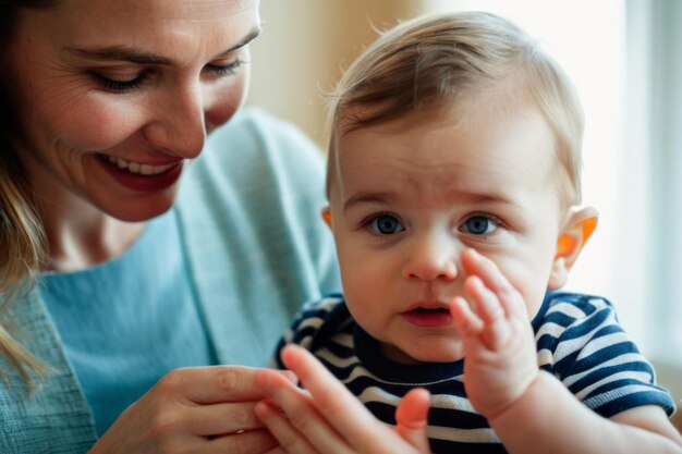 Mãe amorosa a brincar com o bebé que está a espreitar através das mãos dela.