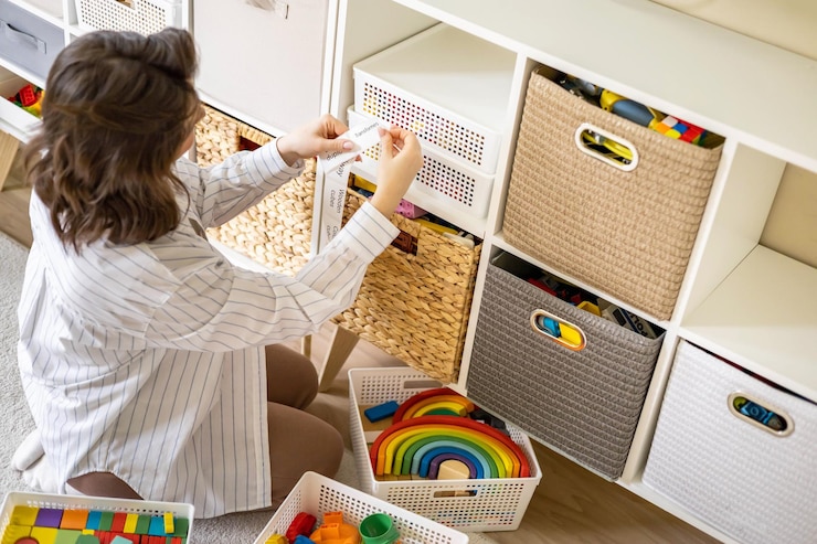 Foto mãe aplicando adesivo de papel com o nome do título no recipiente do cesto limpo de brinquedos infantis