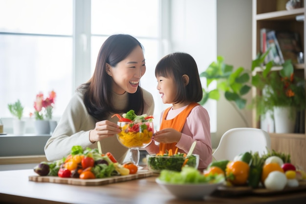 Mãe asiática inculca hábitos alimentares saudáveis em sua filha