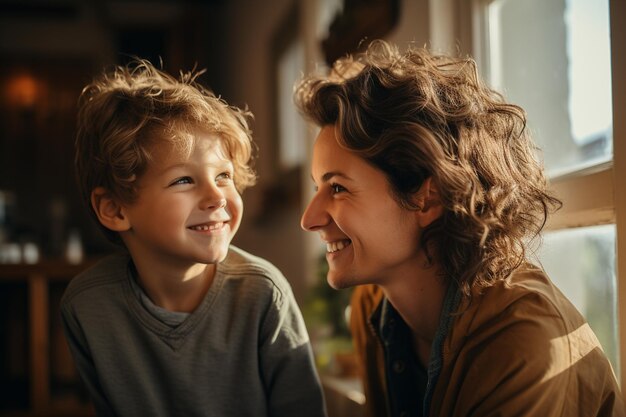 Foto mãe bonita e filho adorável olhando de lado ai generativa