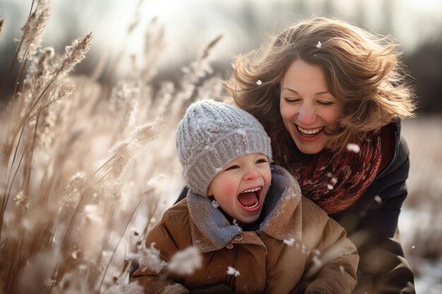 Mãe brincalhona com filho se divertindo juntos ao ar livre em dia gelado