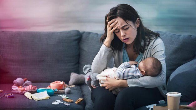 Mãe cansada que sofre de depressão pós-natal