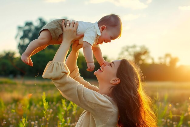 Mãe caucasiana e seu bebê no prado