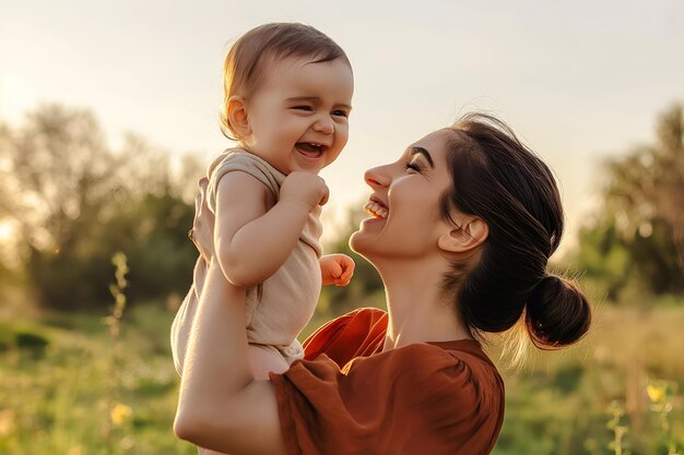 Mãe caucasiana e seu bebê no prado