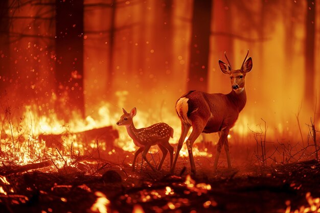 Mãe cervo com filhotes escapando de um incêndio florestal Conceito de perigo de incêndio forestal