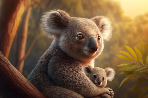 Mãe coala com bebê nas costas brilho quente do dossel da floresta ao pôr do sol