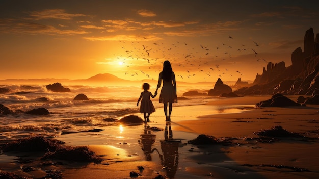 Mãe com a filha na praia