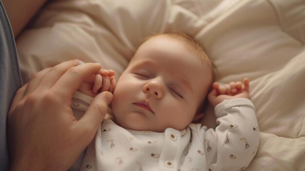 mãe com bebê recém-nascido dormindo na cama no quarto