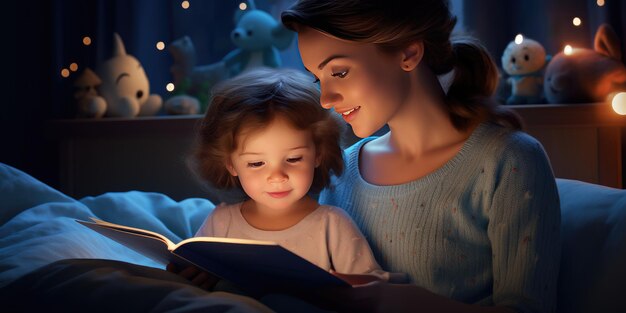 Mãe com criança pequena lendo um conto de fadas no quarto escuro IA generativa