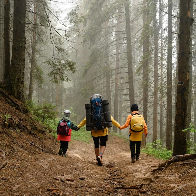 Mãe com dois filhos e mochilas na floresta caminhando com crianças turistas no nevoeiro entre