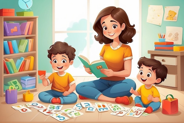 Mãe com dois filhos Educação pré-escolar Aprendendo o alfabeto com flashcards